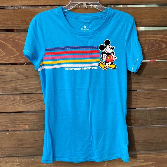 Disney Mickey Mouse Blue Rainbow Stripe Tee - M - Picture 1 of 5